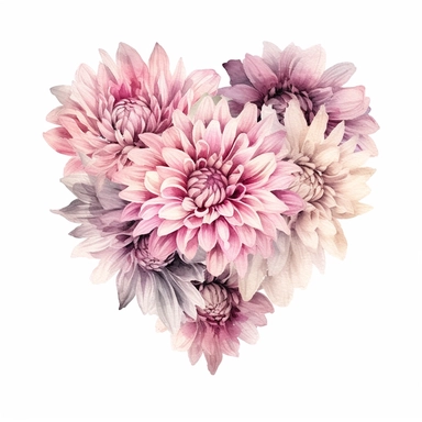 a heart shape made with pink and pastel pink Dahlia flowers, wet on dry watercolour style, antique look, clipart, white background