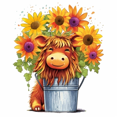 Highland Cow With Sunflowers in a flower pot with colorful flowers and a rainbow clipart