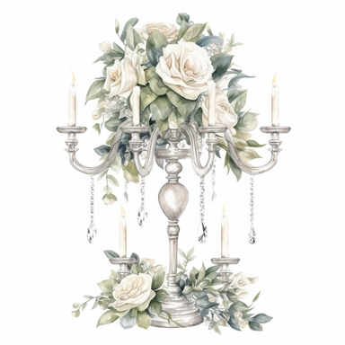 Hand drawn tall 3 tiered crystal candelabra wedding centerpiece, white roses and white flowers with greenery, sparkly crystals, glamorous, very detailed and realistic, watercolor, clipart style, white background with margins