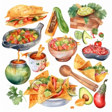 mexican food theme watercolor clipart white background