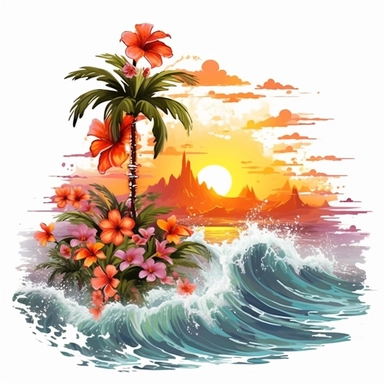 artwork majestic palm tree in digital painting style , beautiful flowers, sunrise mountains and clouds , big sea waves, water splashes, white background, colorful fantasy flower sorround, highly detailed clean, vector image, photorealistic masterpiece, professional photography, realistic, flat white background, isometric, vibrant vector, clipart, illustration, realism, 4k, , cinematic, front view, white background,
