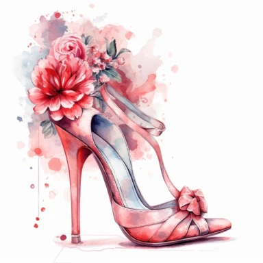 watercolor clipart of vintage pink high heel shoes, floral, color pencil drawing, nice composition, vector, outline, isolated white background, 16k