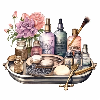 watercolor, hyper realistic, white background, white margins, 16k, ultra detailed clipart, cut out image, hand-drawn An antique-inspired vanity tray with vintage perfume bottles arranged on it, accompanied by a mirror, a brush, and other beauty accessories. Use soft and muted colors such as dusty rose, antique gold, lavender, and sage green for a vintage-inspired palette