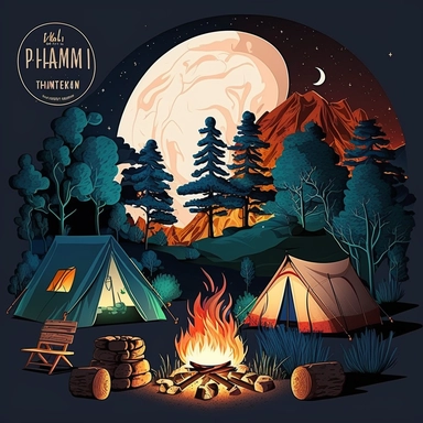 Camping by Night Clipart, Hiking family, Camping Bundle PNG, Moon light, Fireplace, Tent, Campers, Forest, white background with margins + 2D