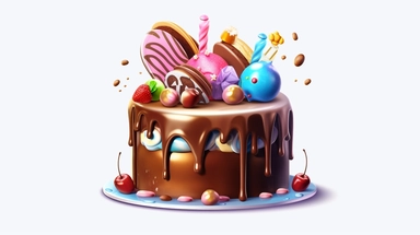 a chocolate cake with frosting and decorations cartoon, detailed, clip art, white background 8k, UHD,