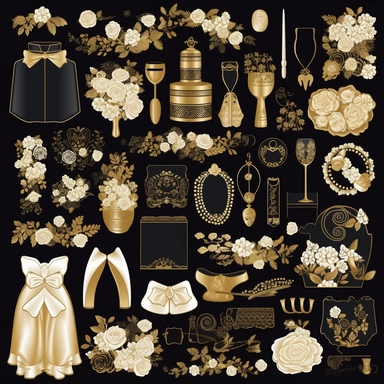 Create a set of 30 elegant golden and white wedding-themed icons on a deep black background, perfect for digital clipart products and invitations. Include icons such as: Wedding Dress, Tuxedo, Wedding Rings, Bridal Veil, Floral Arrangements, Wedding Cake, Wedding Favors, Wedding Arch, Seating Chart, Wedding Program, Unity Candles, Champagne Glasses, Photo Booth, Props, Wedding Signage, Place Cards, Table Numbers, Bridal Bouquet, Groom's Boutonniere, Wedding Invitation, Suite Flower, Girl Basket,