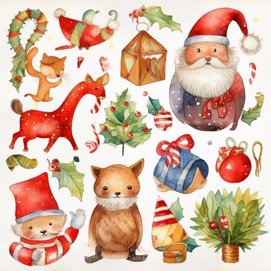Create a set of watercolor clipart images with a whimsical Christmas theme. Include elements such as cute animals in festive costumes, playful elves, and magical Christmas scenes. The images should have a playful, lighthearted feel with clear lines and bright, cheerful colors. The clipart should be perfect for use in children's holiday crafts and other whimsical projects.