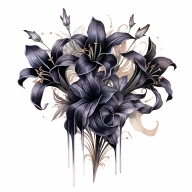 A bouquet of black lilies, symbolizing the mystery and elegance of the gothic style clipart, white background, watercolor drawing