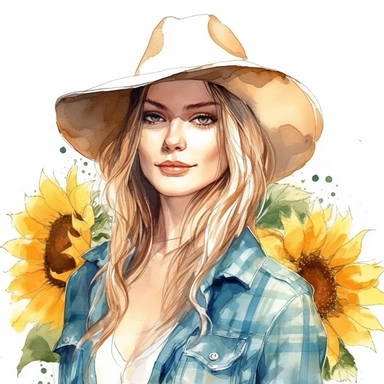 Create a beautiful one of a kind breathtaking and original watercolor clipart illustration drawing of a girl with sunflowers and a sun hat, in the style of hyper-realistic animal illustrations, beautiful women, animated gifs, cowboy imagery, ue5, innovative page design, unpredictable