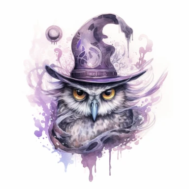 witch owl wearing witch hat , in the style of mystic mechanisms ,pencil art illustrations, Isolated white background, reimagined by industrial light and magic, lith printing, illusory images, watercolor clipart, very subtle purple tones, , ,