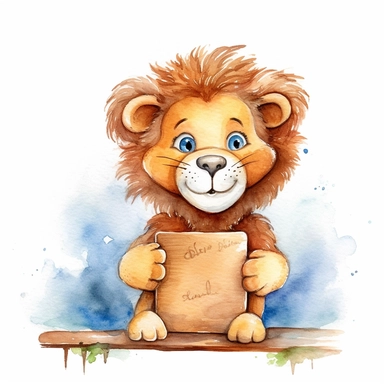 a friendly watercolor cute little lion. It´s mane neatly brushed and he is sitting in a classroom. He is holding a white sign in front of his body with his hands. the lion is very happy and has a very wide smile. without a backround so it can be used as a clipart in many diffrent designs