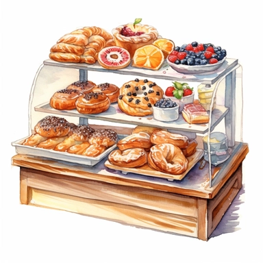 watercolor detailed illustration of A counter with freshly baked pastries and desserts in a grocery store, clipart, white background