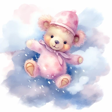 clipart, a whimsical illustration of a contented, loving and angelic baby teddy bear, wearing pajamas and pajamas hat, floating on a cloud, surrendered by pink fluffy clouds, Use a smooth and light watercolor technique to give the artwork a dreamy and ethereal quality