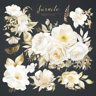 Create an exquisite collection of ultra-detailed white and gold floral clipart, showcasing the elegance of watercolor techniques. The clipart should capture the delicate beauty of white flowers with hints of gold accents, adding a touch of opulence and sophistication. Incorporate a variety of floral elements such as roses, peonies, and lilies, each meticulously painted to showcase intricate details and lifelike textures. Design the clipart with a focus on wedding themes, ensuring that it can be 