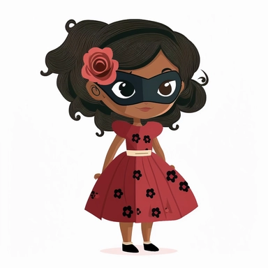 full body image of a cute, smiling little girl in modern cartoon style, looking forward with a black superhero mask and a rose color dress, in clipart style
