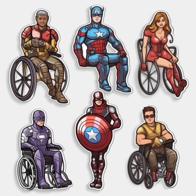 6 clipart elements, series of very hyperdetailed colorful stickers, cool people with disabilities, marvel style, superheros, each sticker with a clear white outline between each element, light grey background, realistic