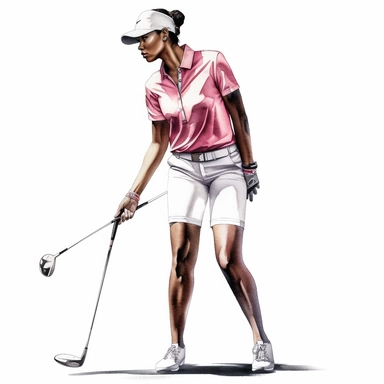 Idyllic watercolor clipart of a young black modern female golfer with dark hair in white and pink close-fitting sports golf clothes standing upright taking a golf shot, isolated on a pure white background, insane detail,