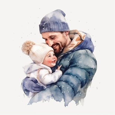 watercolour clipart, father day, father hug with his cute baby, in snow, smile, beautiful, happy, ,realistic, whit background, illustrated