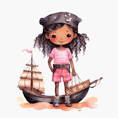Cute little black skin pirate girl standing on her pirate ship pink watercolor Clipart