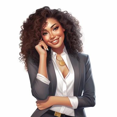 amazing businesswoman clipart, stylish, confident, and has the perfect smile. With her beautiful curly long hair, trendy fashion clothes, gold jewels, and luscious fingers, gorgeous ebony light skin tone that makes her stand out, businesswoman clipart, white background