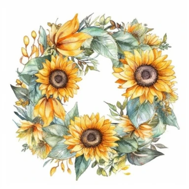 water color sunflower, circle wreath, clipart, flower and leaves, beautiful, detailed, wedding invites, white background