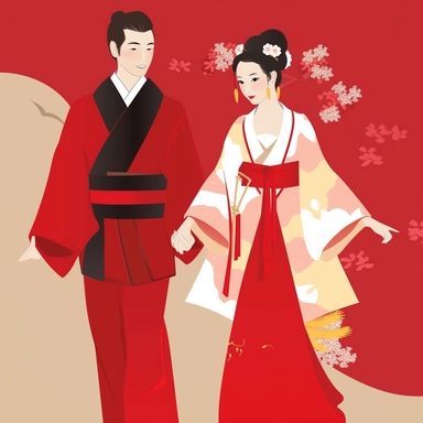 Create one clipart full size body of a wedding [asian japonase] with loving expressions, gentle and affectionate body language, hugs . The couple is form with [a women in traditional japonase wedding dress ] and [a man in a suit japonase art style ]. Use traditional clothing and accessories that are meaningful to each culture, and incorporate [red] and [white and gold] to add visual interest and cultural significance to the design by Eddie Campbell