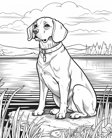 expert coloring page style of realistic of Beagle Dog breed Clipart, simple lake background, simple line art, line is crisp and clean, easy to color