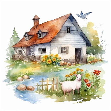 watercolor farm house clipart with meadow and some animals, white background, no comment, 8k