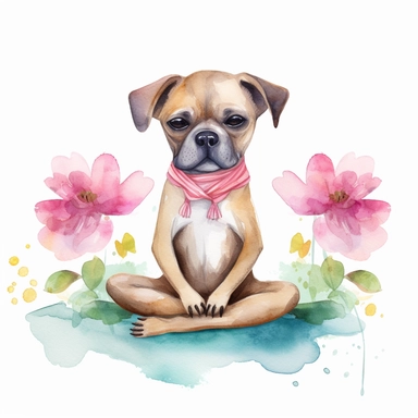 cute dog doing yoga exercise, yoga lotus flower background, watercolour clip art