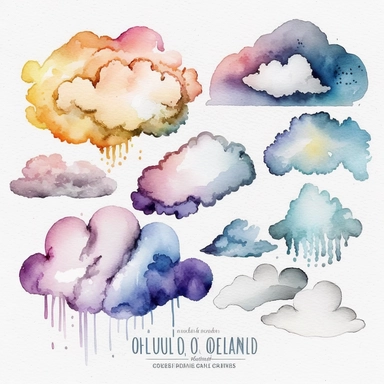 clouds, ombre, watercolor,all white background, clipart