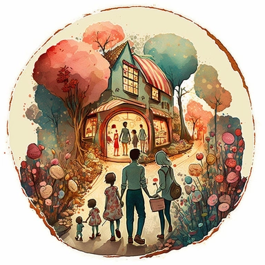 (perfect body figure) of a cute loving American family of 4, hiking into a magical LOLLIPOP STORE (a perfect close-up single-point-perspective view from the back) with its own habitats (flowers and plants) made into a natural-heart-shape, vintage in watercolor style clipart, use darker tones, higher saturation colors, Banksy artstyle with minimal effects, super creative watercolor, white background