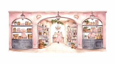 watercolour illustration, light pastel pale pink background, Grocery shop interior color graphic sketch illustration vector clipart, sublimation graphics, by Beatrix Potter, watercolour clipart, unique design, print on demand image, transparent PNG background, white background, 8k