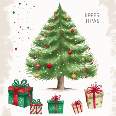 simplified clipart single christmas tree with presents, decorated pine tree with christmas presents, christmas decoration, christmas decor, simple shapes, no lines, no outlines, clipart, featured on dribble, cartoon tree clipart, minimalist, computer vector graphic design clip art, watercolor illustration clipart, watercolour clipart, watercolor illlustration for kids and children, book illustration, print on demand image, PNG tranparent background