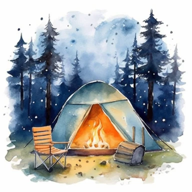 Camping style cute camping tent in the campground at the night with watercolor effect, night landcsape, camping tools, camping chairs and table, forest landscape, suitable for digital clipart, white background, fireflies in the sky