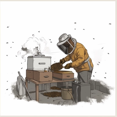 An artistic representation of a beekeeper in full protective gear, using a smoker to calm the bees before inspecting the hive, with other beehives visible in the background. (Digital drawing clipart, image black border color, full body, flat texture, transparent background)