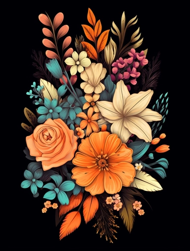 boho clipart flowers assembled together staying within the canvas boundaries against a plain black background