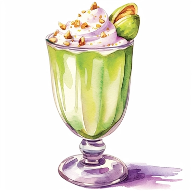 Clipart soft watercolor pastel neon colors without splashed background - pistachio milkshake glass cup with splitted pistachio peaces on top - hard contrast - high details - enough space between each item