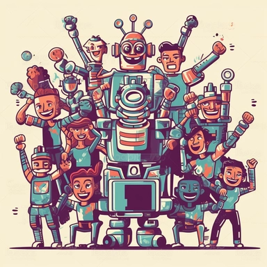 clipart of a happy team working out at the gym, they are lifting computers, laptops and robots over their head.