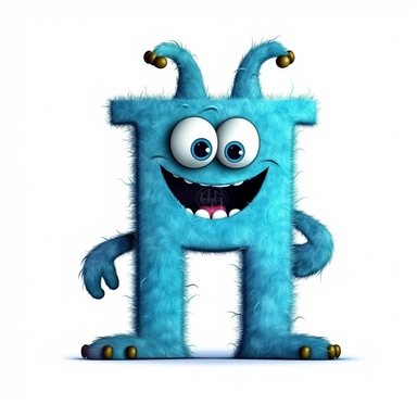 clipart style blue letter H with black line, with arms, legs and friendly cute face for children, isolated, white background,