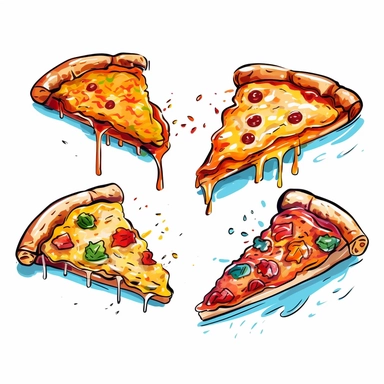 bold line doodle clip art of slices of pizza with stringy cheese dripping from edges. Bright and colourful. 4 images per render with spaces between each image. Plain white background. High quality