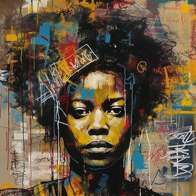 African rhythms pulse through the strokes of Basquiat's brush, giving life to a Black Woman Clipart in vibrant hues. Afro girl, crowned in glory, emerges from the canvas, her natural hair a testament to ancestral pride. In the hand-drawn art style of Basquiat's legacy, an African American Girl takes center stage, exuding strength and resilience. Each line, highly detailed, weaves a narrative of empowerment and beauty, celebrating the richness of heritage. This Printable Art invites you to embrac