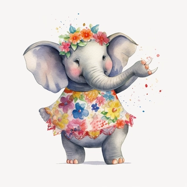 Summer hawaiian Chubby cute happy dancing elephant clipart watercolor isolated on the white background sublimation, Monica Rohan, white background realistic, watercolor, textured 8k, detail illustration, white background