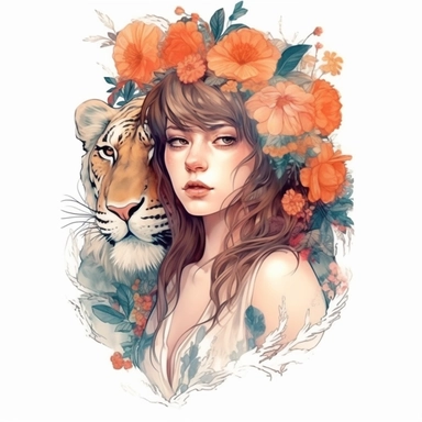 Girl with tiger and flowers, illustration clipart, detailed, black outline, white background, digital art, watercolor