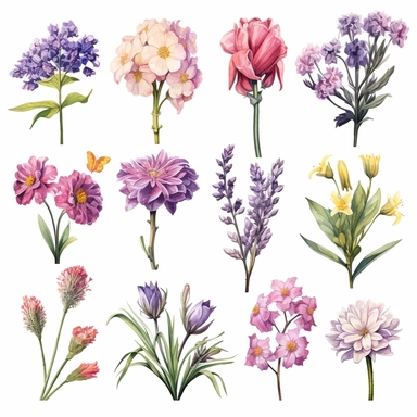 Watercolor style, Boho Birth Month Flowers,CARNATION, VIOLET, DAFFODIL, DAISY, LILY OF THE VALLEY, ROSE, LARKSPUR, GLADIOLUS, ASTER, MARIGOLD, CHRYSANTHEMUM, NARCISSUS, variations, hyper realistic detailed clipart, on a white background