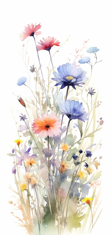Beautiful shot of a meadow, wildflowers,style of Weathering with You animation, pastel colors, light watercolor clipart, centered, isolated on white background