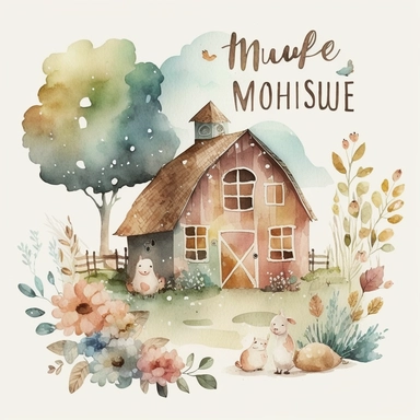 watercolor illustration, country, farm house clipart, cute, happy, adorable, high quality, for children, soft brush texture, soft colors