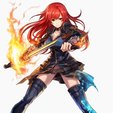 an anime character with red hair and blue flames, transparent background png clipart,anime,a city,a person with red hair and black clothes holding a sword in her hand,friends