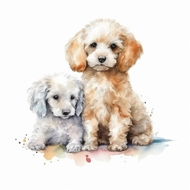 water color, realistic, cute poodle puppy playing with bunny, isolated on white, clip art