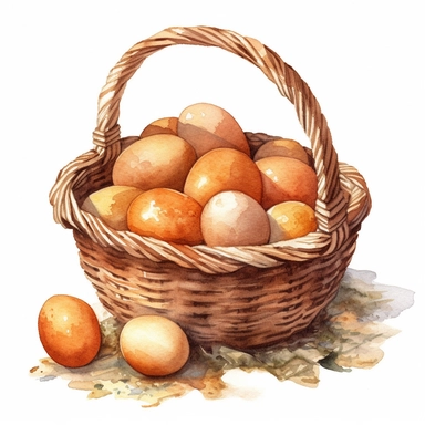 watercolor basket full of plain brown chicken eggs clipart white background