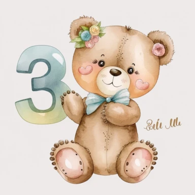 watercolor cute bears holding number 3 clipart